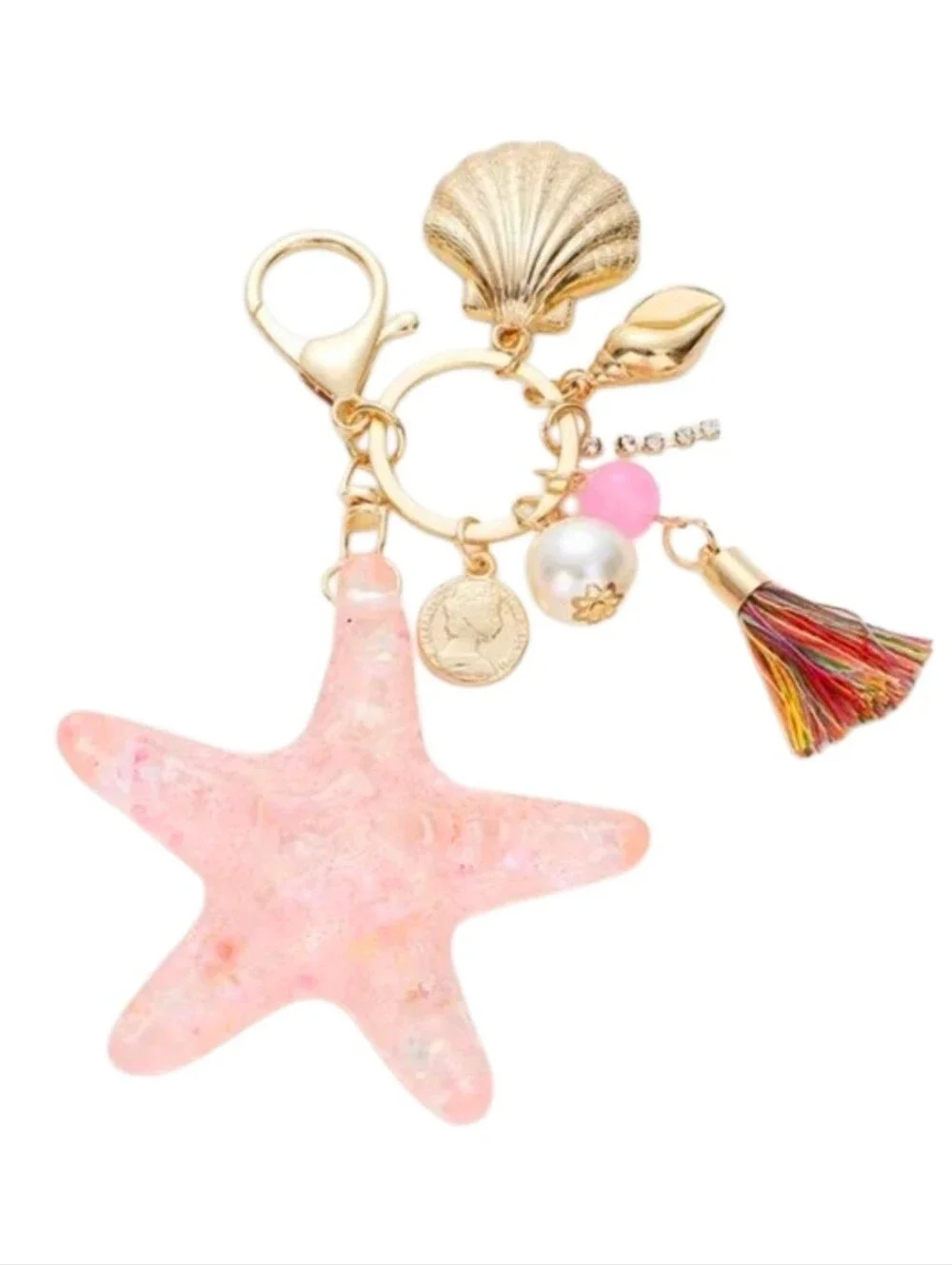 Pink Glitter Starfish Shell Tassel Pearl Keychain